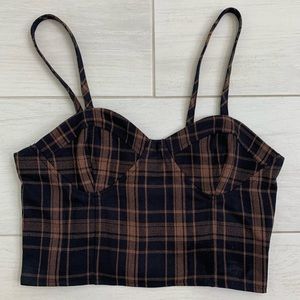 Honey Punch Bustier Crop Top Brown & Black Check Plaid Print. Sz. M